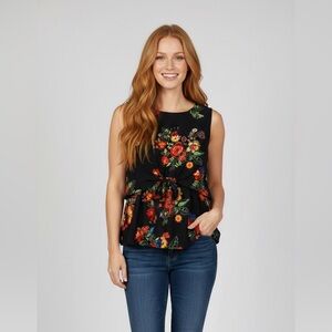 Monteau Layered Floral Top Black Large Tie Waist Business Casual